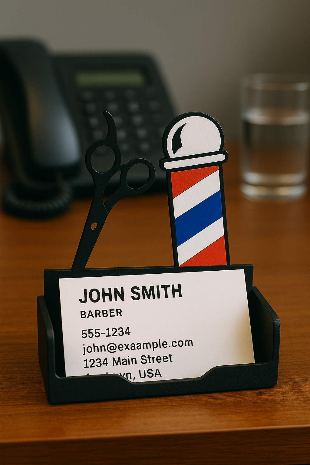 Barber Shop Business Card Holder – Barber Pole & Scissors Design | USA Made